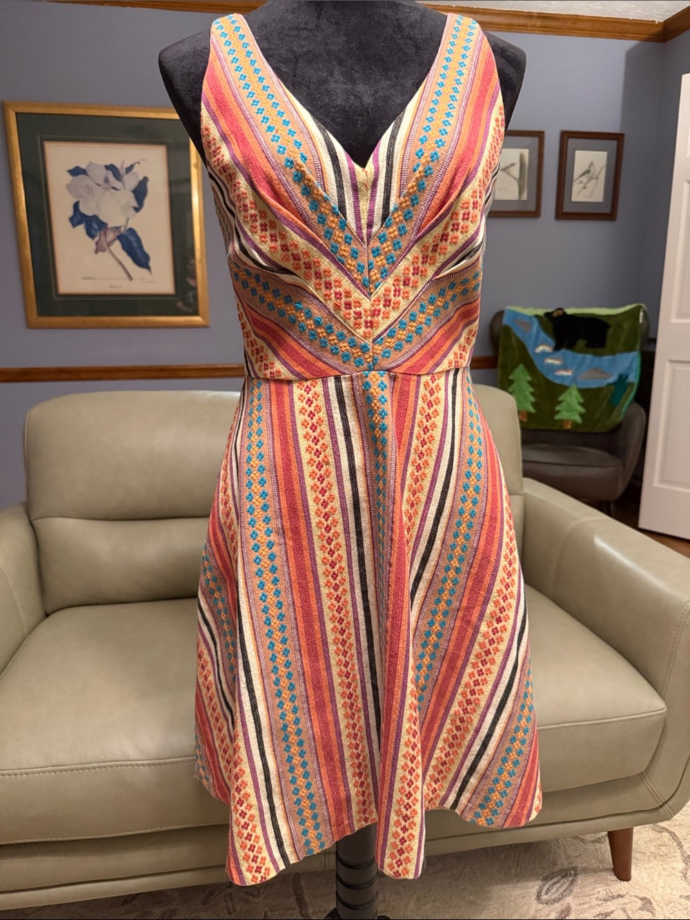 Eva Franco Coral, Turquoise & Cream Striped V-Neck Mini Dress